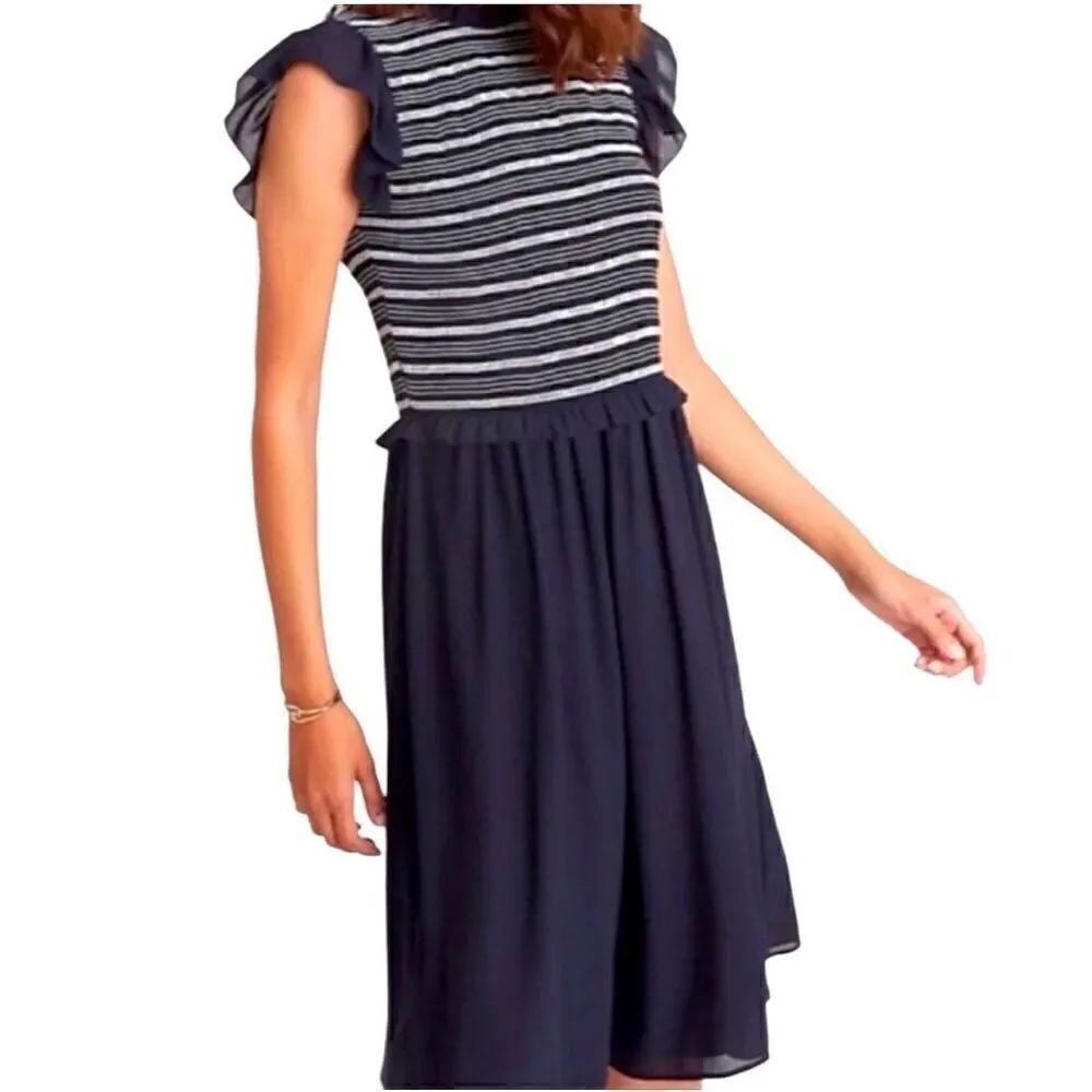 Ann Taylor NWT navy blue and white smocked bodice fit and flare dress size 10